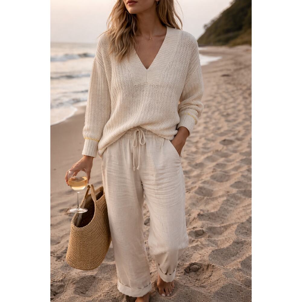 Cabi Cream Chunky Knit V Neck Sweater S Style 6233